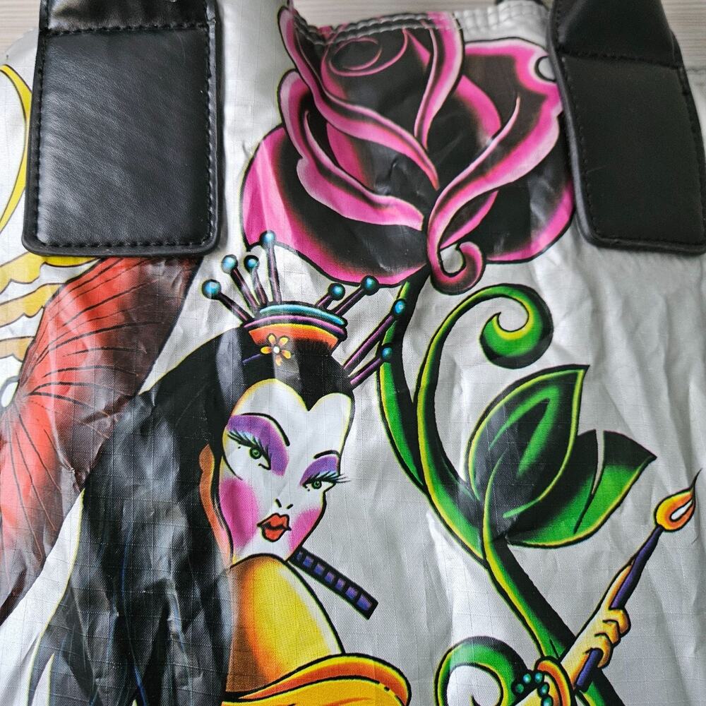 Christian Audigier Y2K Silver Tote Bag Rose Queen Geisha Ed Hardy Graphic Print‎ - Picture 5 of 16